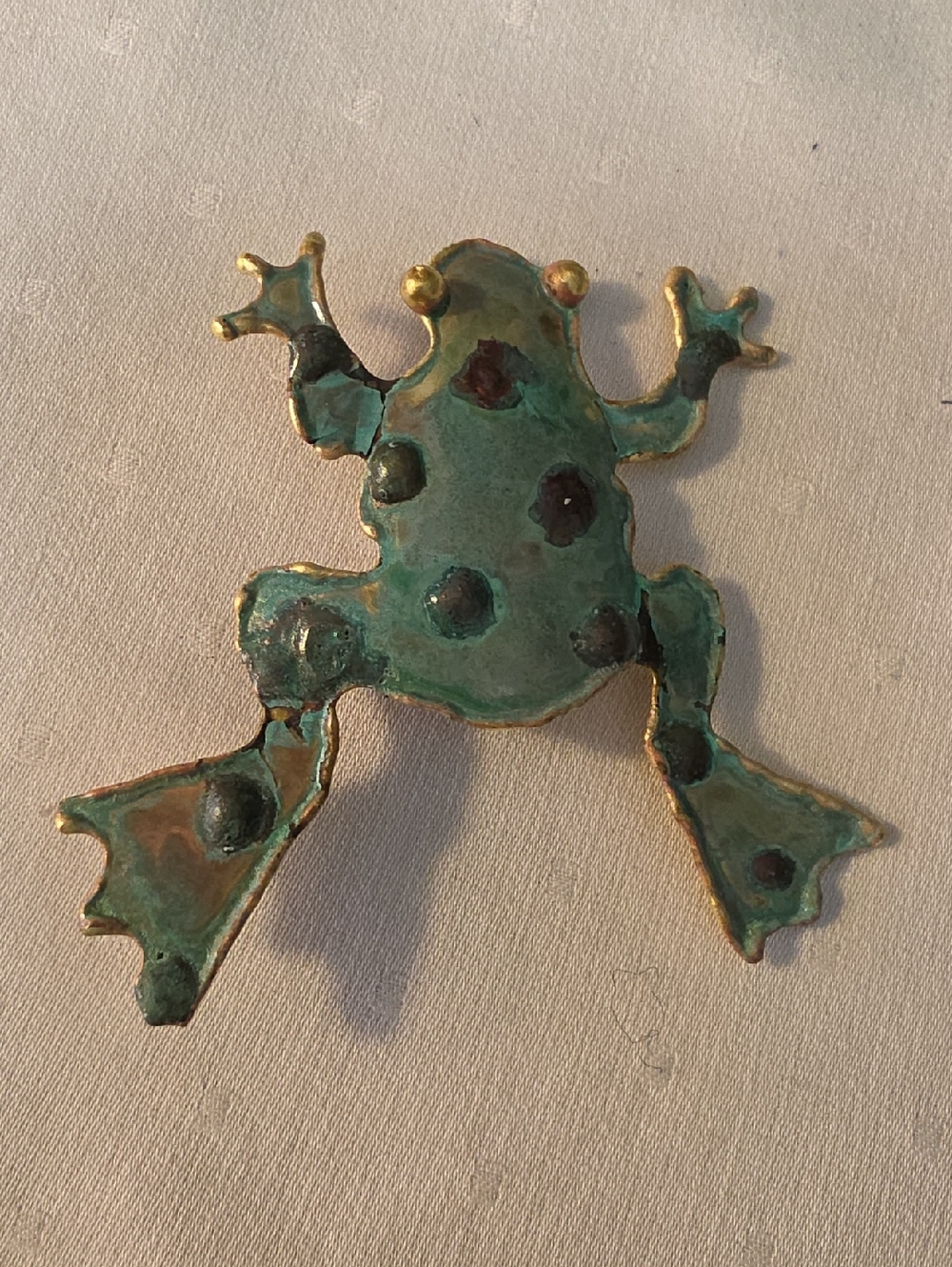 Green Enamel Frog Brooch with Gold Accents